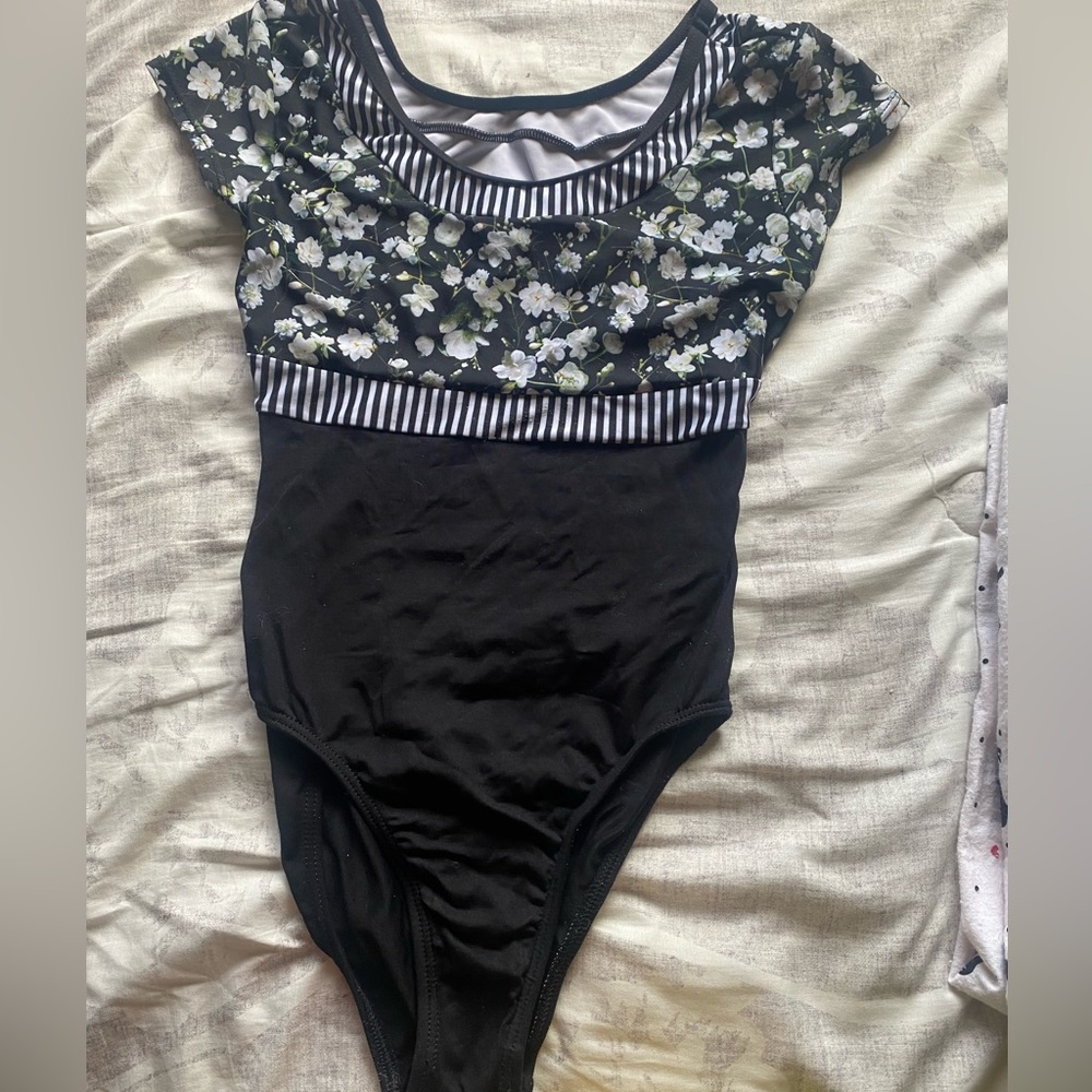 Black leotard with black and white flower print